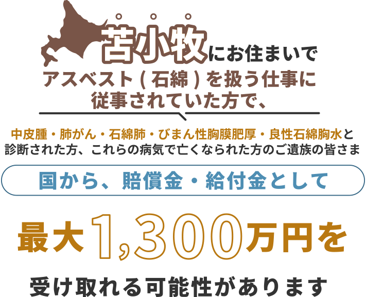 苫小牧にお住まいで、アスベスト（石綿）を扱う仕事に従事されていた方で中皮腫・肺がん・石綿肺・びまん性胸膜肥厚・良性石綿胸水と診断された方、これらの病気で亡くなられた方のご遺族の皆さま 国から、賠償金・給付金として 最大1,300万円を 受け取れる可能性があります